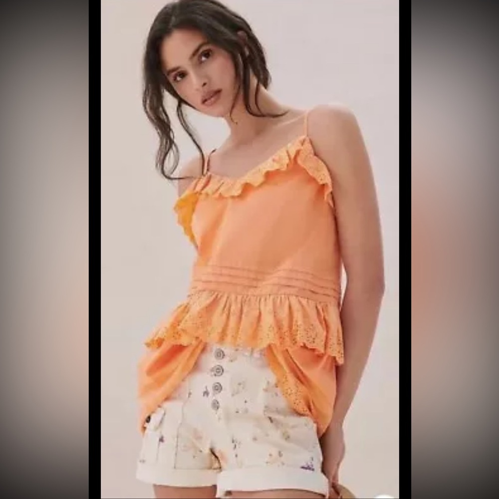 Anthropologie Orange Eyelet Ruffle Peplum Tank